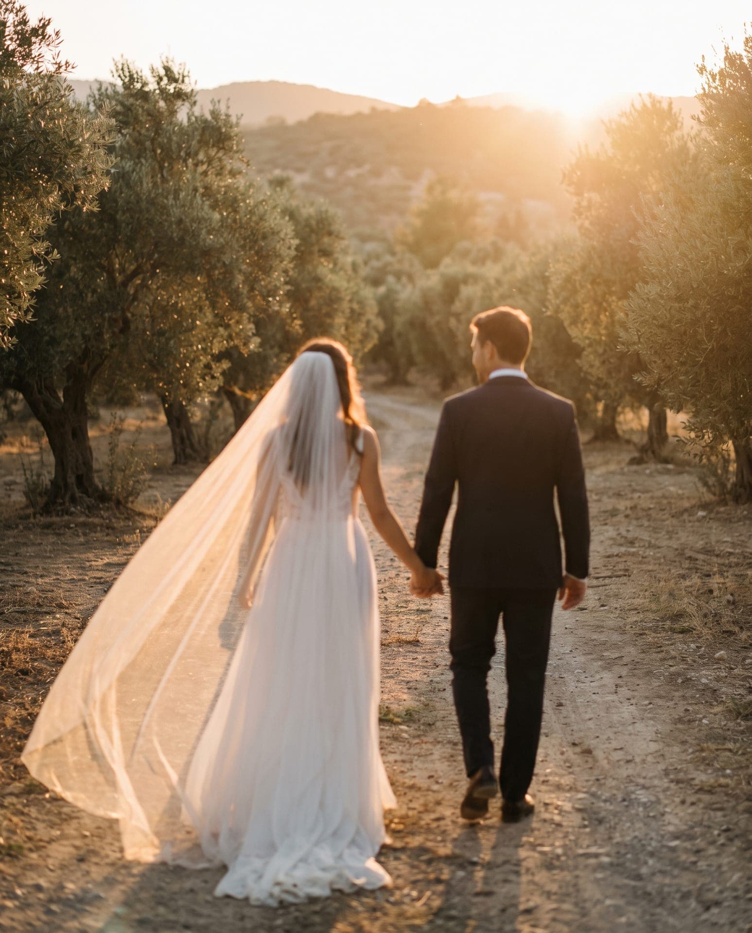 Zeytinlikte gün batımında yürüyen gelin ve damat